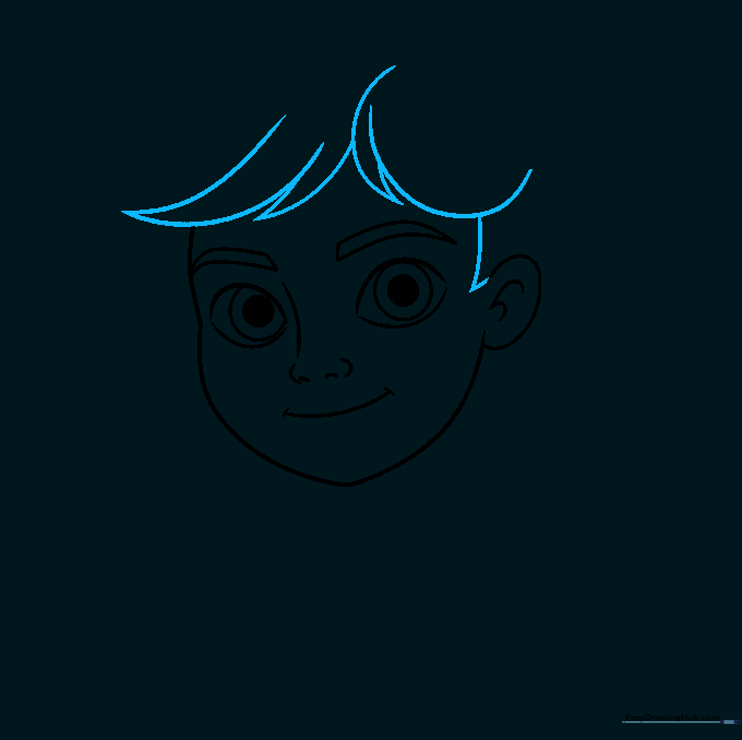 Initial sketch of Adrien's layered, spiky manga-style hair framing the face.