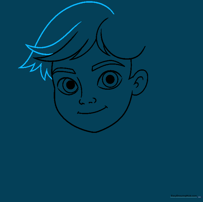Detailed sketch showing the addition of volume and layered locks to Adrien's hair.