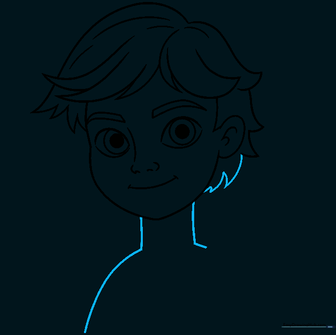 Sketching the neck and shoulder lines to connect the head to the torso.