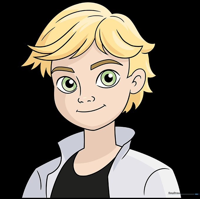Finished, colored drawing of Adrien Agreste with blonde hair and green eyes.