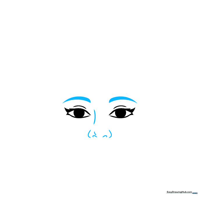 Close-up sketch showing the addition of eyebrows and a nose structure.