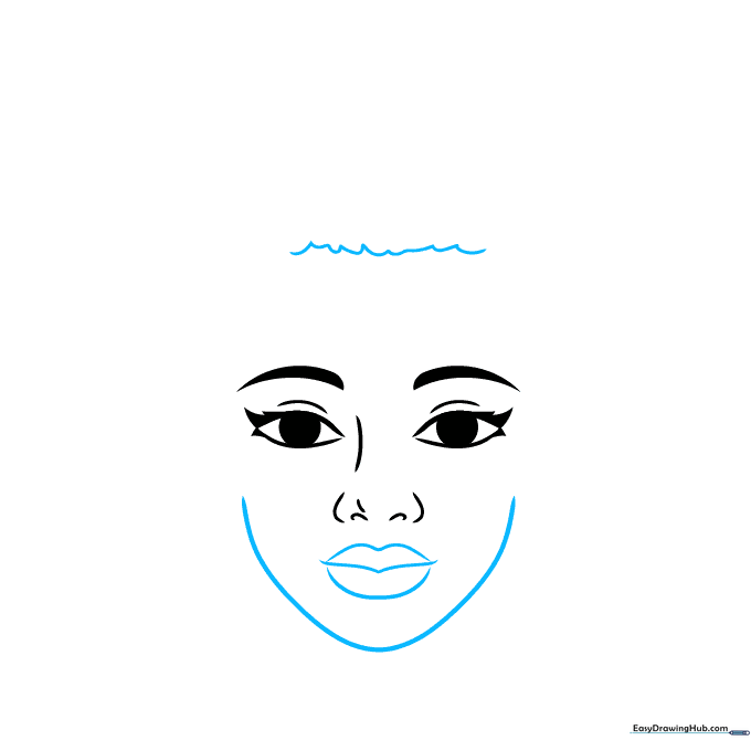Sketch of a face outline including lips and a textured hairline.