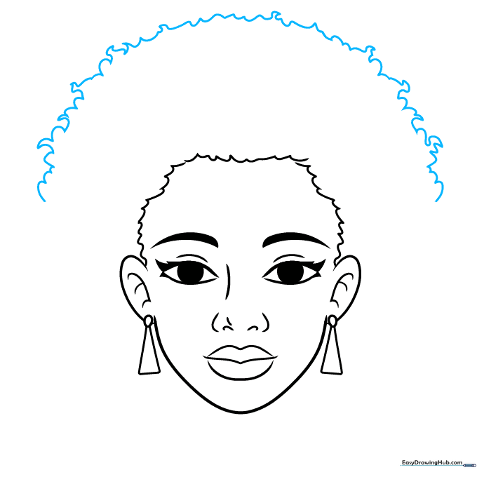 The initial outline of the afro hairstyle using rounded, cloud-like curves.