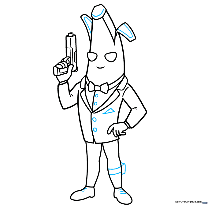 Adding final details like buttons, a handkerchief, and leg gear to Agent Peely.