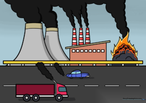 A complete, colored illustration of an industrial landscape showing vehicles and factories emitting smoke, representing air pollution.