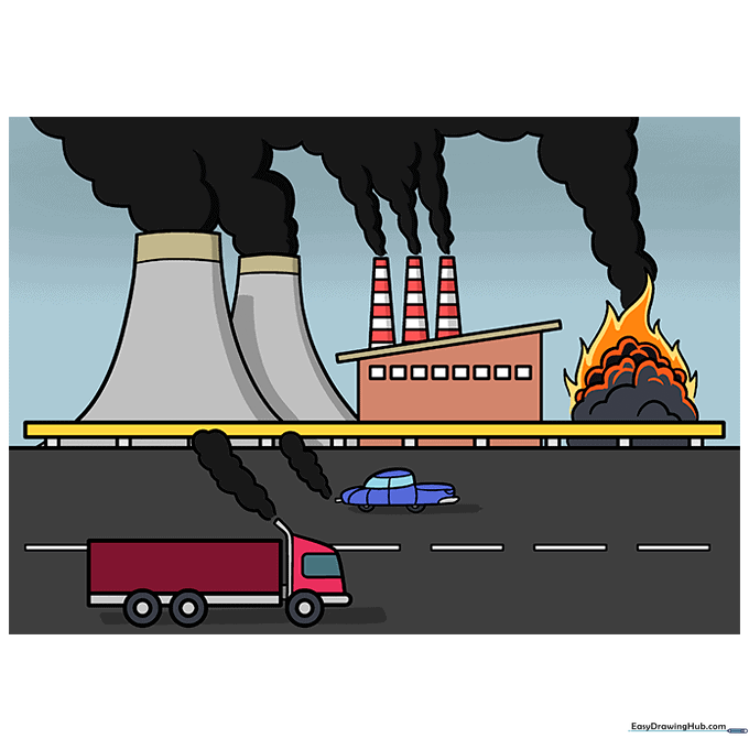The final colored drawing of an industrial scene with trucks, a factory, and thick smoke.