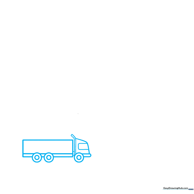 Pencil sketch of a semi-truck silhouette showing the trailer, cab, and wheel placement for an air pollution drawing.