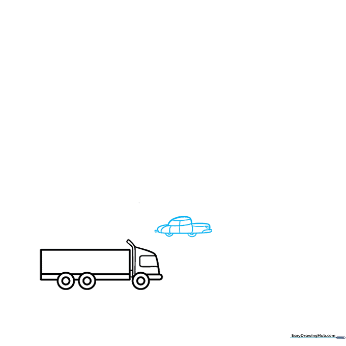 Drawing a passenger car next to the truck with visible windows, wheels, and a tailpipe exhaust detail.