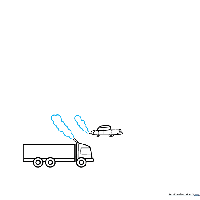 Adding fluffy, cloud-like smoke shapes emerging from the exhaust pipes of the truck and car.