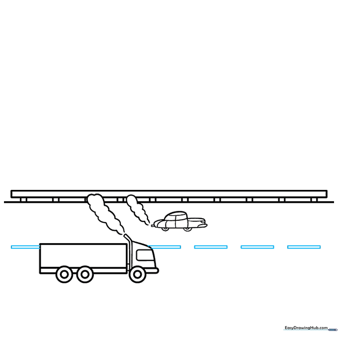 Drawing dashed lane markers on the road to add detail and perspective to the drawing.