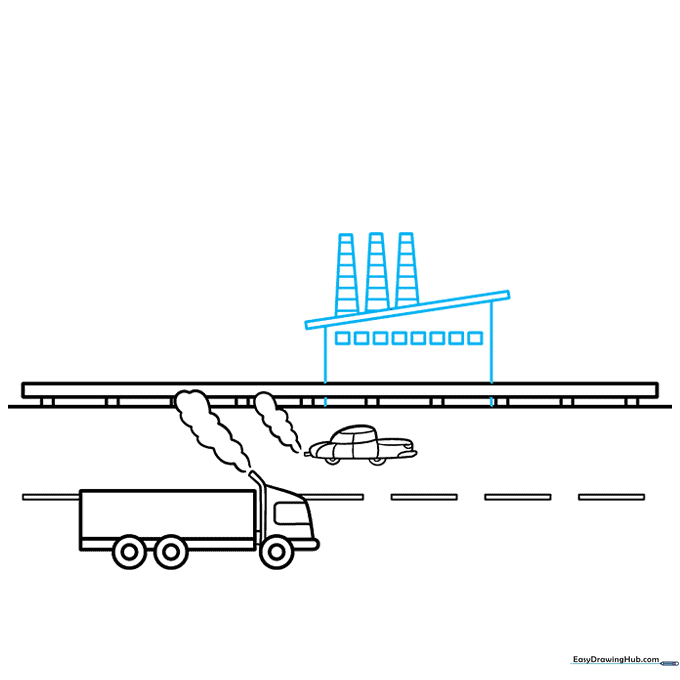 Sketching a factory building with windows and tall smokestacks in the background.