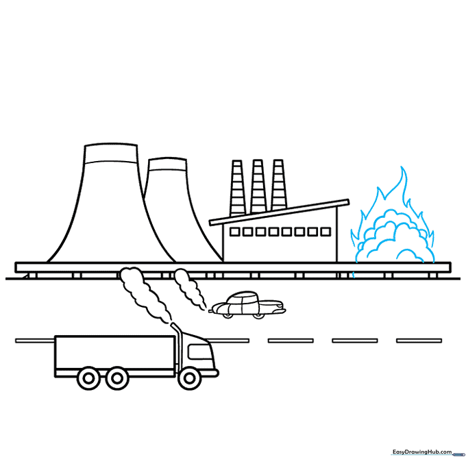 Adding dense smoke clouds and flames rising from the factory smokestacks.