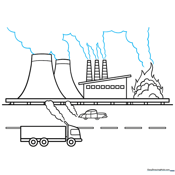 Refining the smoke clouds with additional curved lines to complete the industrial scene.