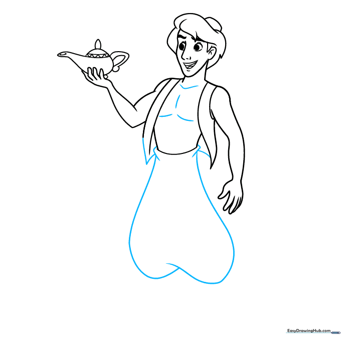 Drawing the waistline and the start of Aladdin's baggy pants.