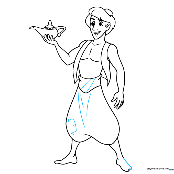 Finalizing the outline of the Aladdin drawing with ink.