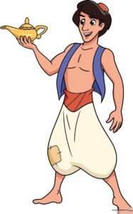 A vibrant, finished drawing of Aladdin holding his magic lamp.