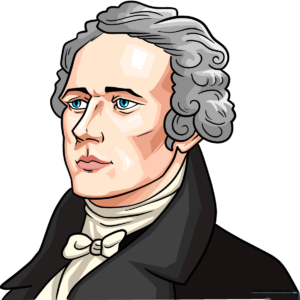 A finished, colored illustration of Alexander Hamilton in a historical style.