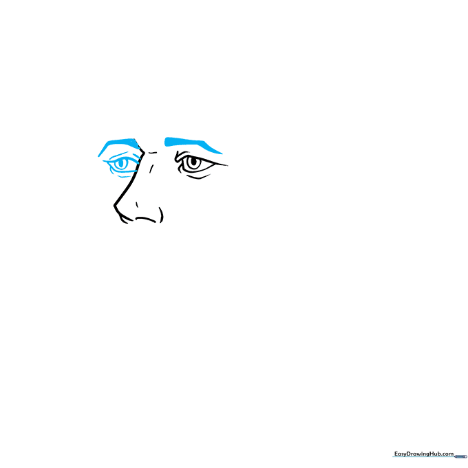 Drawing the second eye and thick eyebrows for the Alexander Hamilton portrait.