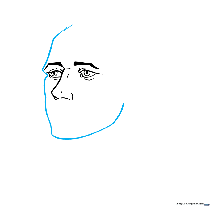 Sketching the outline of the face including the jaw and chin structure.