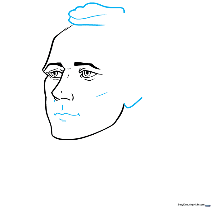 Adding the mouth, cheekbones, ear, and initial hair sketch.