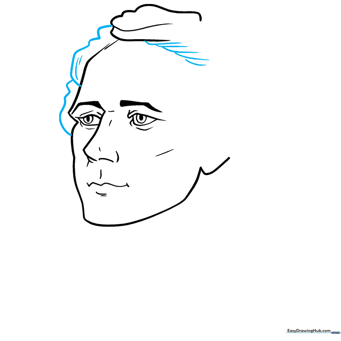 Continuing the hair development with layered curved lines.