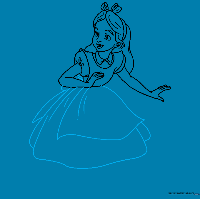 Drawing showing the full skirt of Alice's dress and apron details.