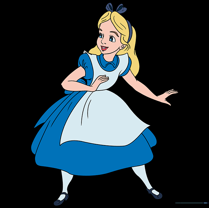 The final colored drawing of Alice in Wonderland in her iconic blue and white outfit.