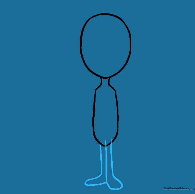 Drawing the alien's legs and wide, flat feet extending from the bottom of the body.