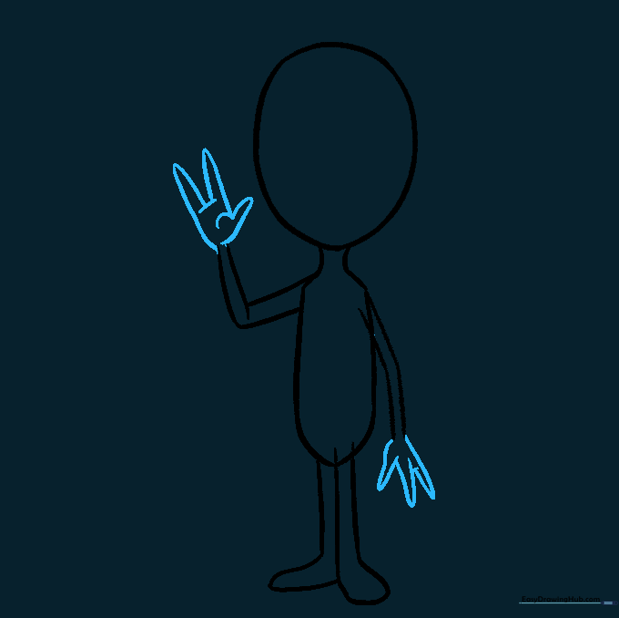 Detailing the alien's hands with fingers and palm lines.