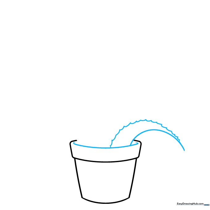 Drawing the rim of the pot and the first serrated aloe leaf rising from the center.