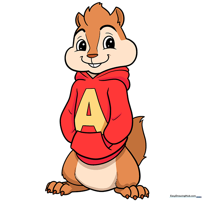 The finished, colored drawing of Alvin the Chipmunk in his red hoodie.