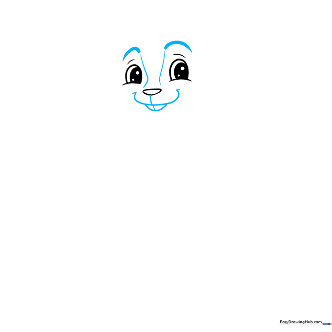 Pencil sketch showing the addition of eyebrows, a triangular nose, and two prominent buck teeth.
