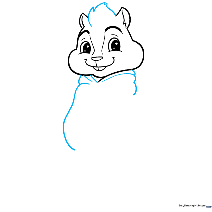 Drawing the hood of the sweatshirt around Alvin's head, including a small tuft of fur.