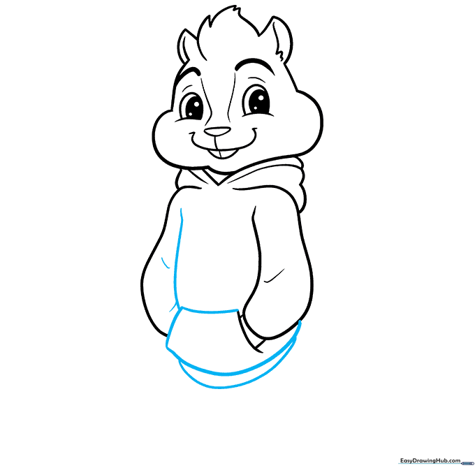 Adding the pocket and hem details to the hoodie, creating a more realistic clothing look.
