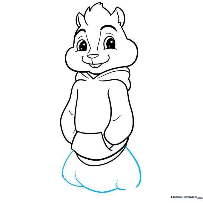 Drawing the lower body and legs, focusing on the fur texture at the joints.