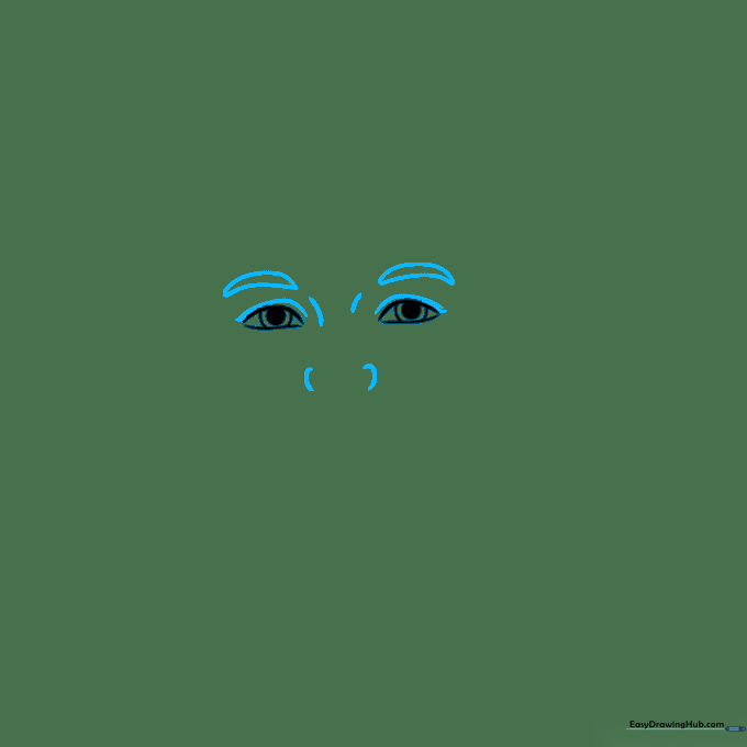 Pencil drawing showing the addition of eyebrows and the bridge of the nose.