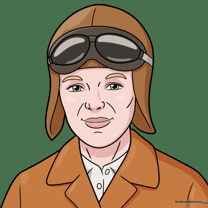 Finished, colored portrait of Amelia Earhart in her aviator gear.