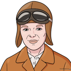 Final colored illustration of Amelia Earhart wearing her aviator cap and goggles.