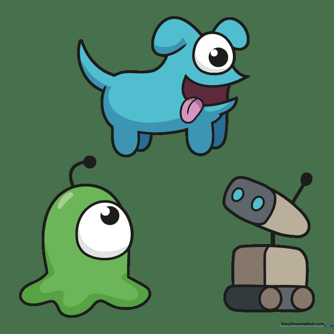 The final colored drawing of the Among Us Doggy, Headslug, and Ro-Bot pets.