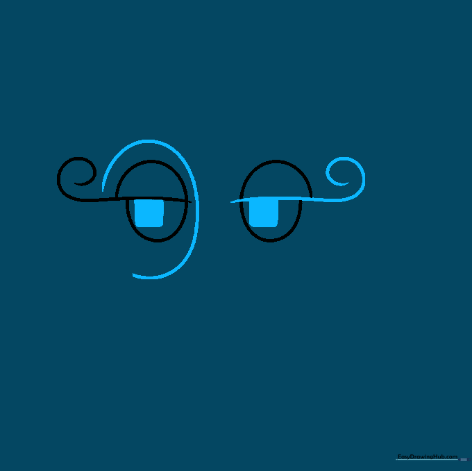 Close-up of abstract eyes with square pupils and an additional partial oval frame added to the drawing.