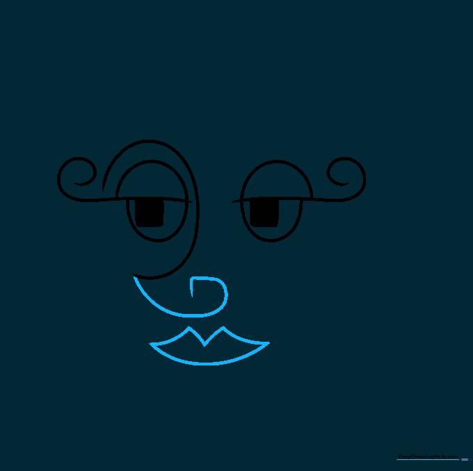 Drawing of a stylized nose shaped like the letter G and a wide, geometric mouth structure.