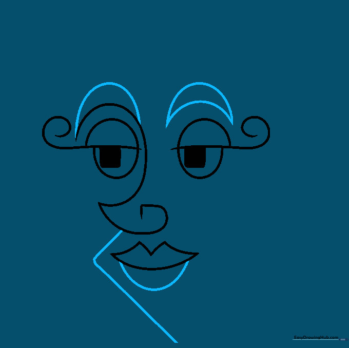 Abstract face drawing now featuring crescent moon eyebrows and a structural line defining the face edge.