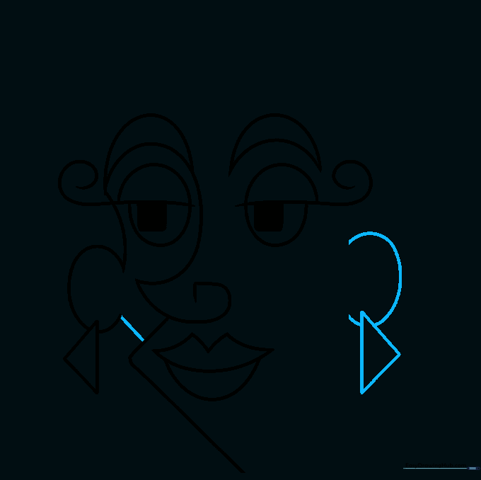 The abstract face now has two ears with triangular earrings, showing a balanced but stylized composition.
