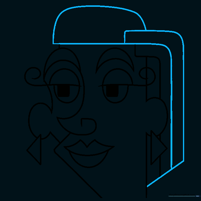 Adding flowing, abstract hair shapes to the top and sides of the face drawing.