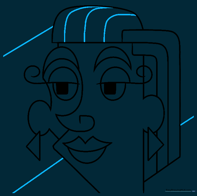 Final line art of the abstract face with added hair texture and background diagonal lines.