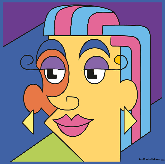 Finished abstract face drawing colored with vibrant, bold, and unconventional colors.