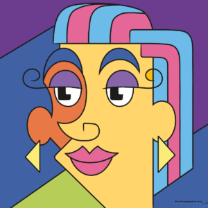 A colorful, finished abstract cubist face drawing, showcasing a creative and modern art style.