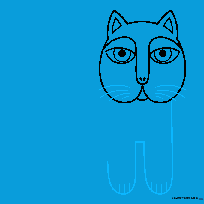 Sketching the cat's body outline, toes, and long whiskers.