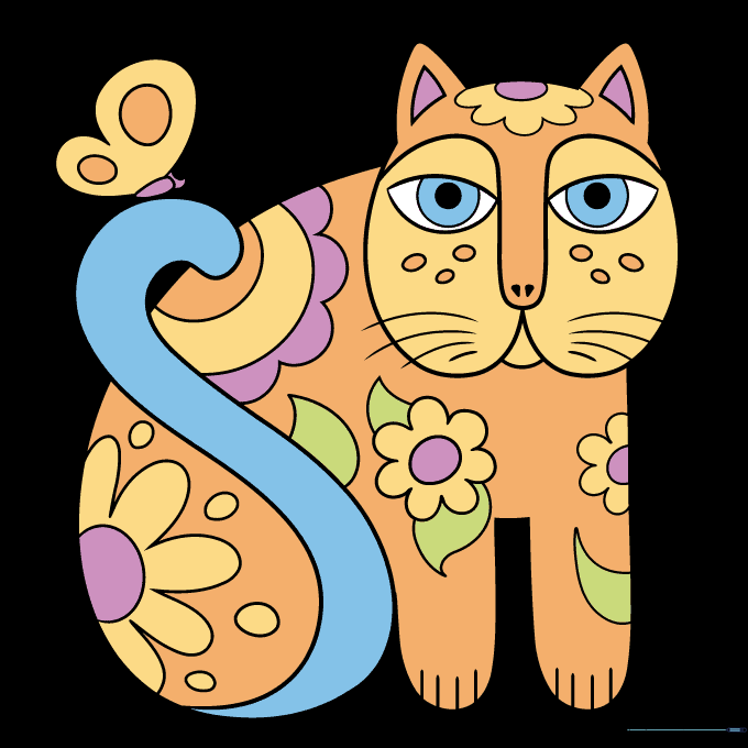 Finished, fully colored Laurel Burch style cat with vibrant patterns.
