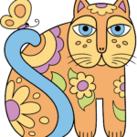 A vibrant, finished Laurel Burch-inspired cat drawing featuring bold patterns and bright colors.